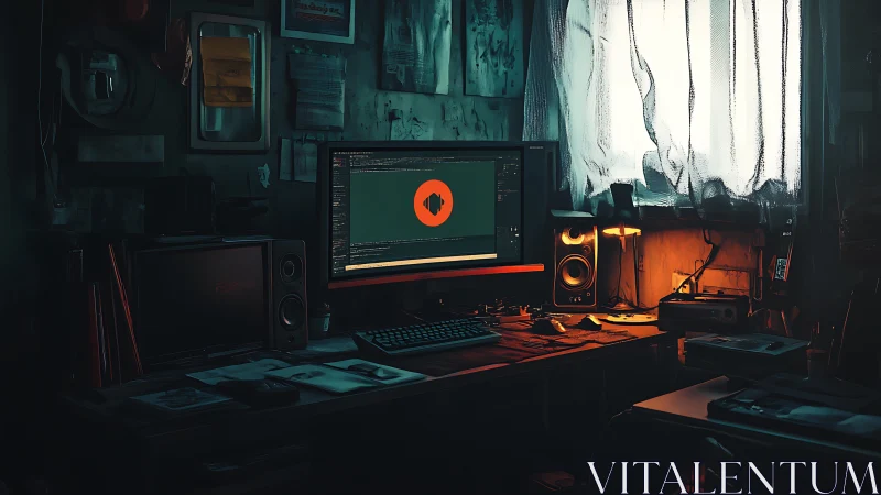 Moody digital workstation with code display and warm rim light.