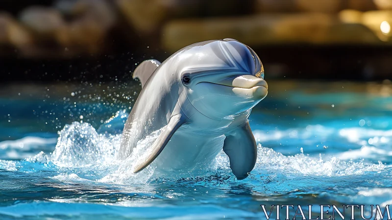Sun-sparkled dolphin leaps through crystalline blue water.