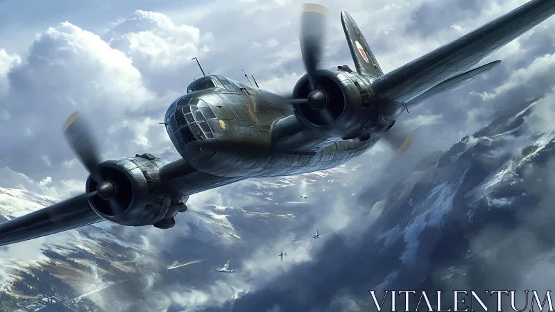 WWII twin-engine bomber cuts through stormy alpine clouds