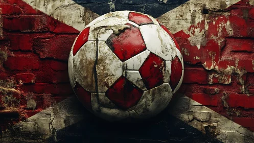 Weathered red and white soccer ball on grunge brick wall.