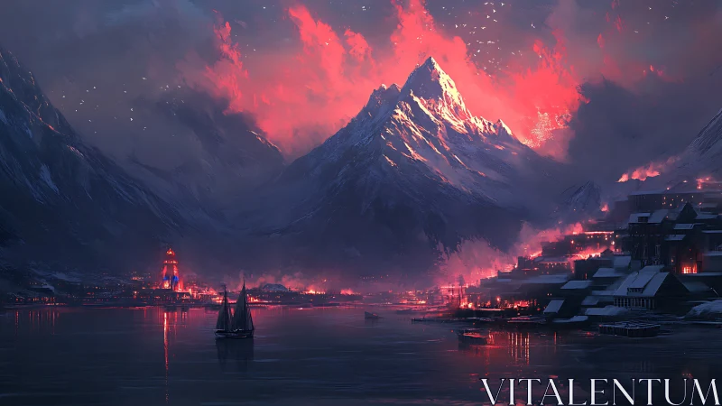 Volcanically backlit fjord city under incendiary alpine cumulonimbus.