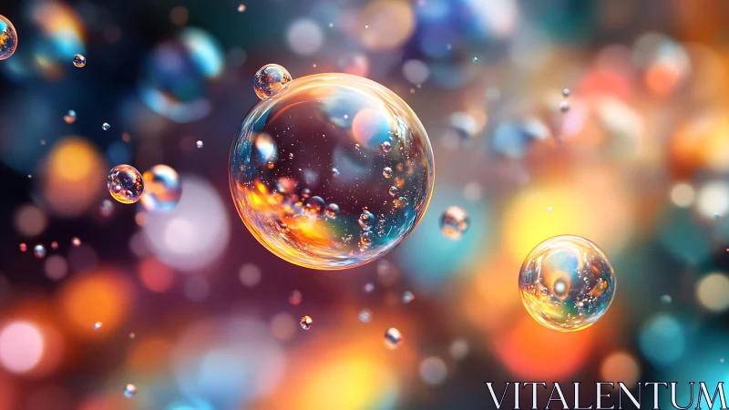 Soap bubbles float sharply against defocused colored lights
