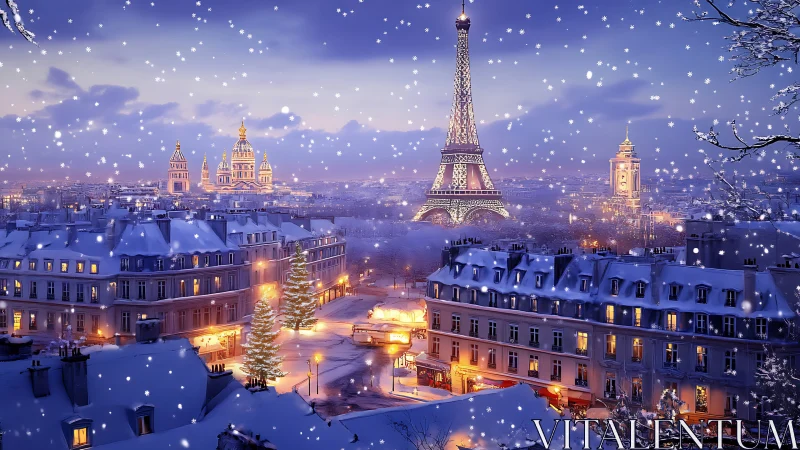 Snowlit Parisian skyline with Eiffel Tower at blue hour.