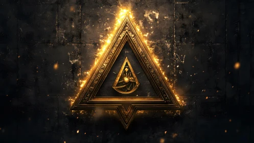 Illuminated Golden Triangle with Eye Symbol on Dark Grunge Background.