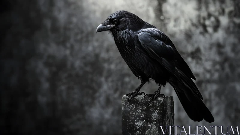 Raven Perched on Stone Post in Dramatic Monochrome.