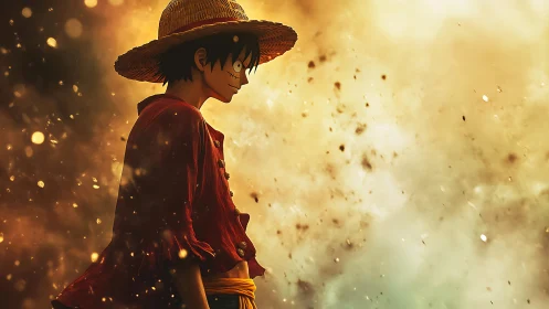 Anime pirate boy in straw hat against glowing sparks.
