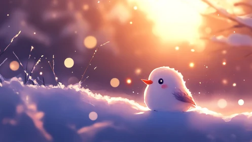 Luminous Chick Resting in Alpine Snow at Golden Sunset