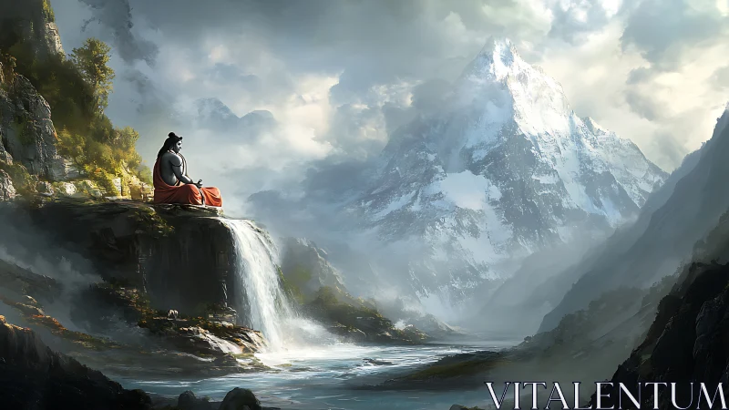 Meditating monk on cliffside waterfall facing glacial mountain range