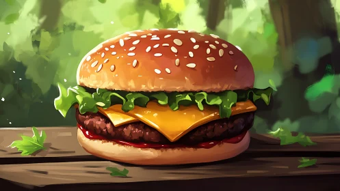 Sunlit picnic cheeseburger basking in a forest afternoon.