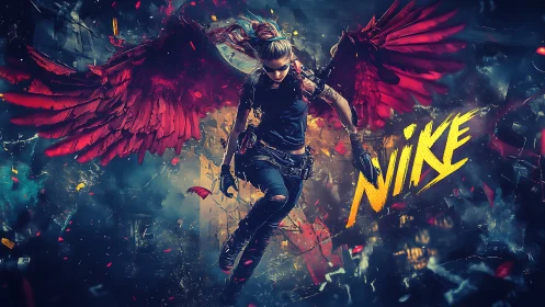 Rebel angel runner dives through neon chaos and embers.