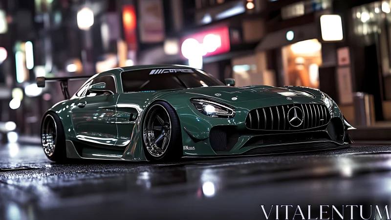 Modified Mercedes sports car on wet neon city street at night.