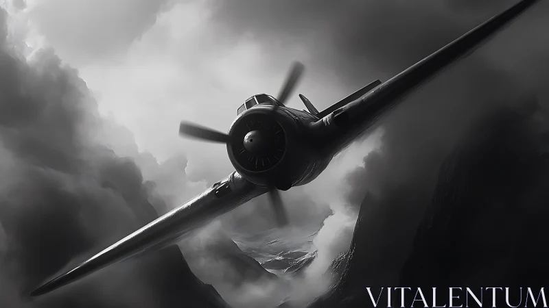 Warplane cuts storm-dark mountain pass in hard grayscale.
