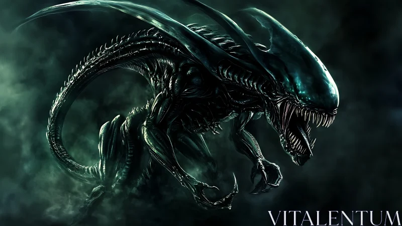 Alien predator lunges through dark toxic mist in attack pose.