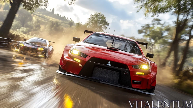 Red rally car charges ahead on a wet forest backroad