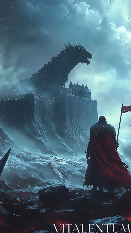 Epic digital painting of warrior confronting fortress dragon.