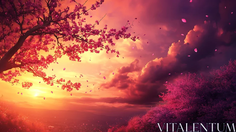 Sunset sky with cherry blossoms and scattered petals.