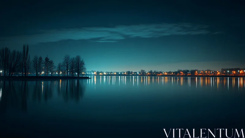 Calm night lake with silhouetted trees and distant lights.