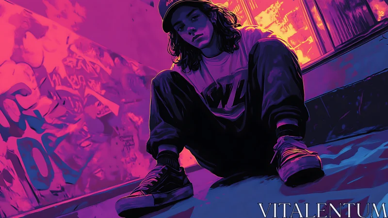 Neon lit skater rests in graffiti alleyway at twilight