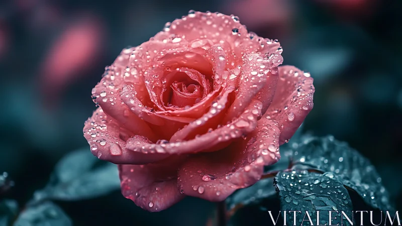 Macro water droplets on crimson rose petals.