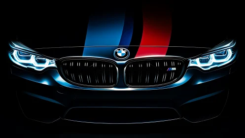 BMW M performance front grille with glowing LED headlights.