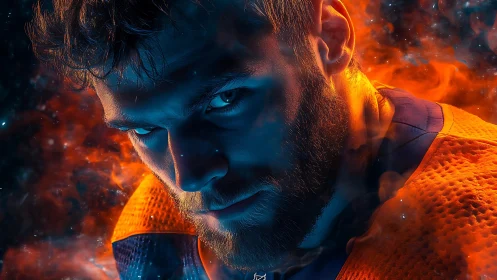 Intense athlete portrait in blazing blue and orange light.