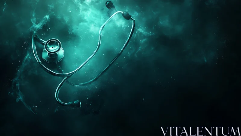 Luminous teal stethoscope suspended in volumetric medical mist