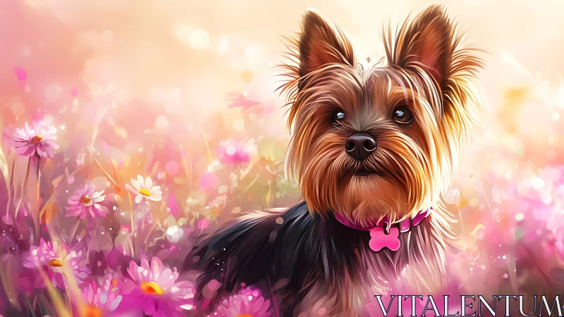 Yorkshire terrier portrait in glowing pastel wildflower field