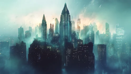 Shrouded futuristic skyline under luminous teal mist.