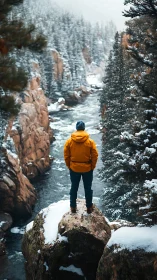 Hiker in yellow jacket overlooks snowy canyon river valley.