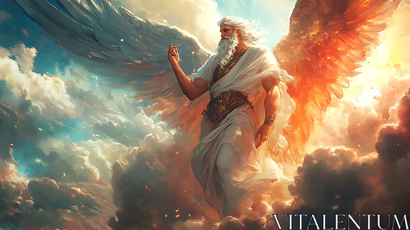 Winged robed figure in clouds with radiant orange light.