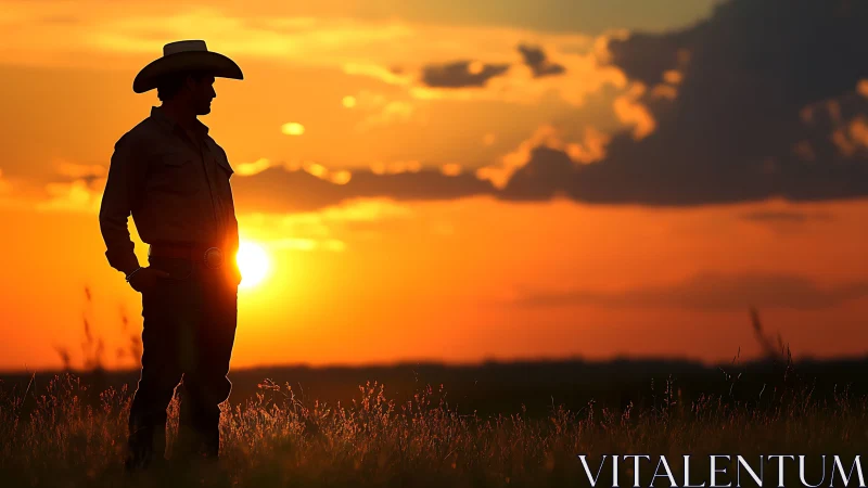 Silhouette of cowboy standing in field at vivid sunset sky.