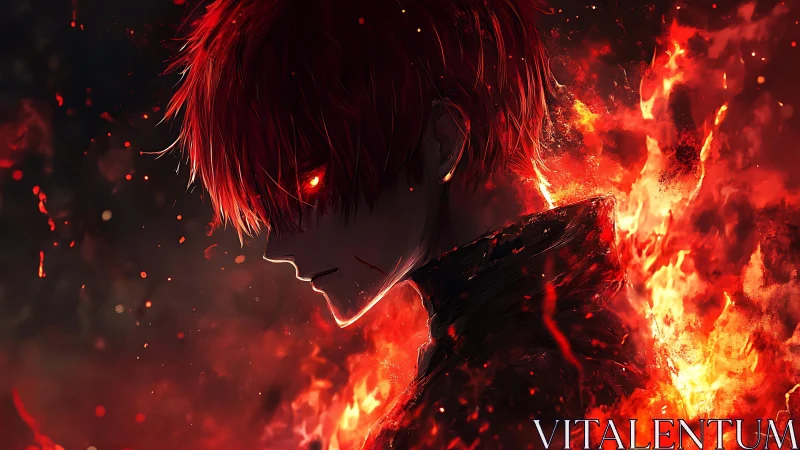 Fiery red haired anime figure in profile surrounded by flames.
