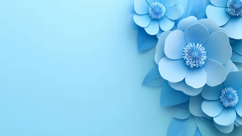 Layered Paper Flowers in Soft Blue Gradient. Digital Botanical Illustration.