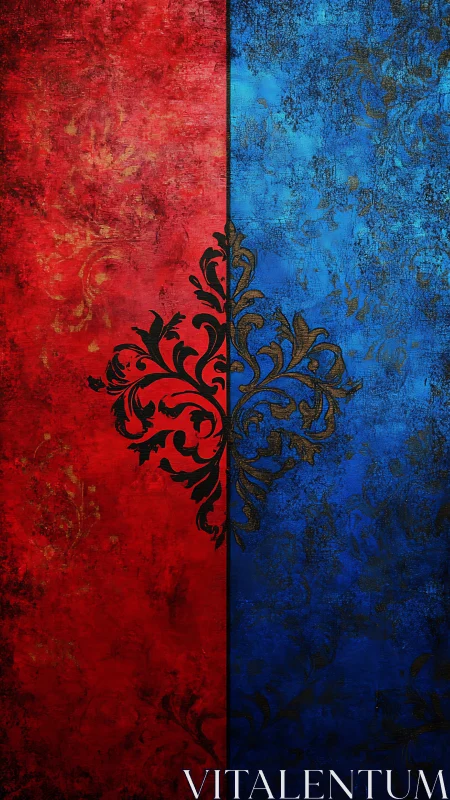 Red and blue split background with black floral motif.