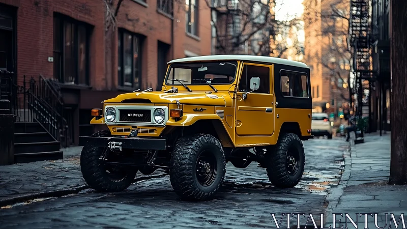Yellow lifted off-road SUV stands on wet cobblestone street