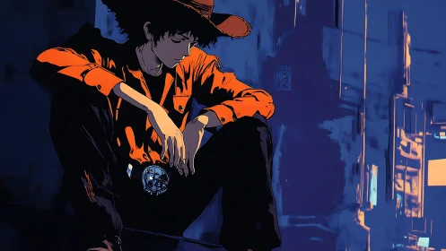 Neon alley drifter in ember jacket and restless shadow.