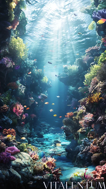 Sunlit coral canyon with tropical fish and volumetric water rays.