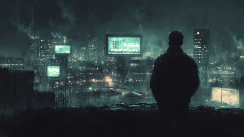 Lone figure watching neon billboards over dark cityscape.