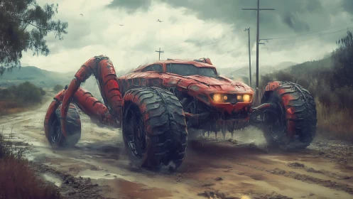 Spider-like off-road combat vehicle in muddy storm landscape.