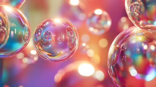 Glowing soap bubbles drift through dreamy pastel neon light