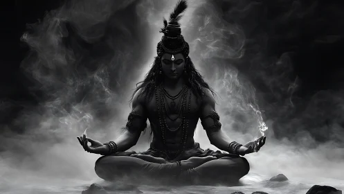 Monochrome meditative deity rendered in dramatic chiaroscuro lighting