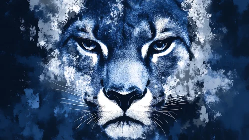Blue digital cougar portrait with bold abstract splashes.