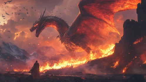 Fire dragon dominates burning castle under stormy sky