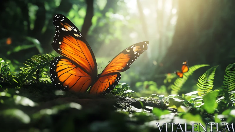 Glowing forest butterfly resting gently in sunlit ferns.