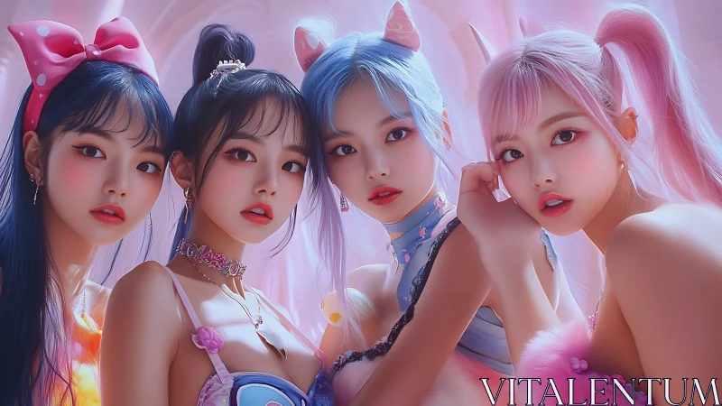 Candy-pastel idol quartet in dreamy kawaii portrait.