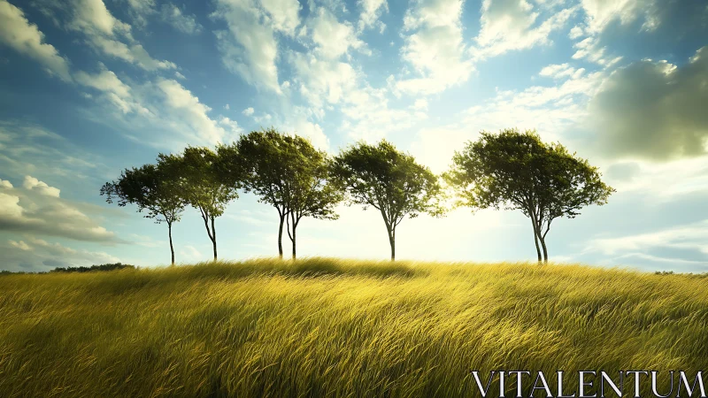 Five Trees on Windy Hill at Sunset, Natural Landscape Photography.