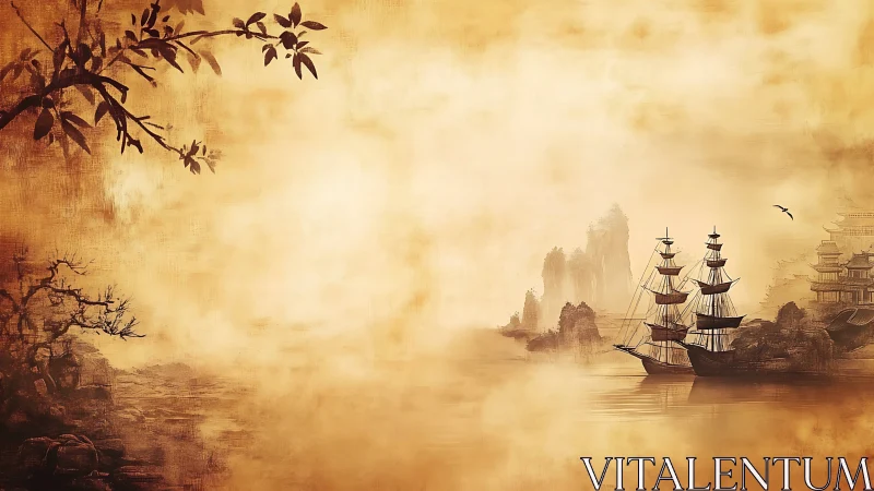 Golden mist seascape with tall ship and coastal pagodas.