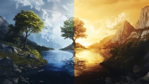 Bipolar alpine river landscape in split-day digital painting.