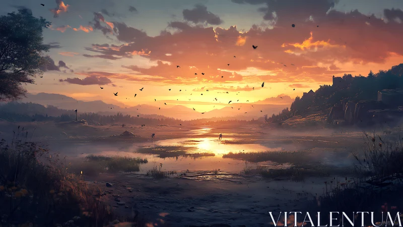 Golden valley sunrise with wandering rider and wild birds.
