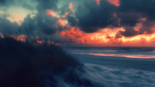 Gentle dunes and glowing sunset along a quiet shore.